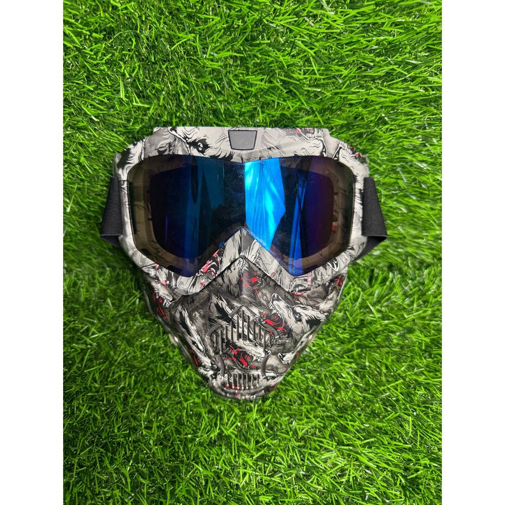 Motorcycle ATV Goggles w/ Detachable Face Mask Wolf Print Blue Mirror Lens